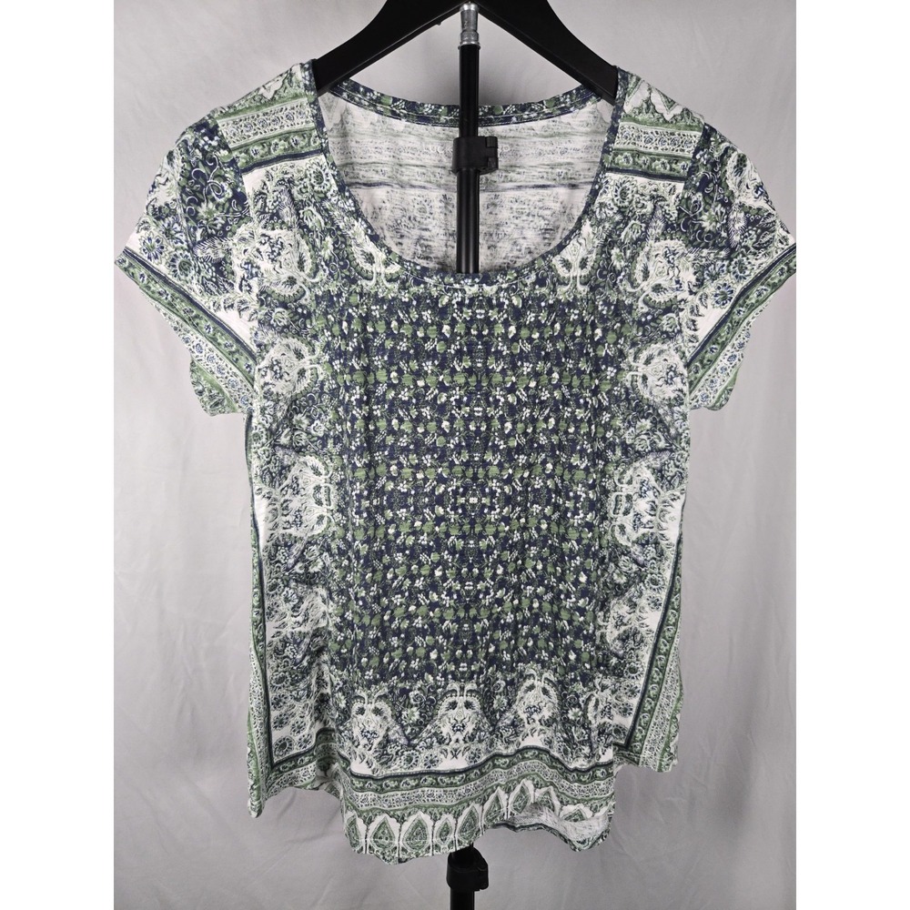 Lucky Brand Green Paisley Leaf Border Print Cotton Top Sz M Boho Cottagecore